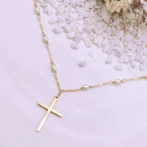 Pearl Cross Necklace, Gold Filled or Sterling Silver, Freshwater Pearl Beaded Cross Necklace