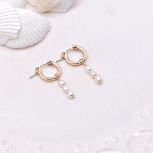Gold Filled Pearl Drop Earrings, Dainty Hoop Earrings with Pearls, Bridal Earrings, Minimalist Pearl Hoops, Beach Wedding Earrings , Gift