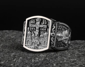 Anillo cristiano ortodoxo con cruz de Jesús, anillo para hombre, joyería cristiana de plata, anillo religioso, regalo de cumpleaños para él 401