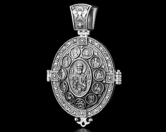 Vintage sterling silver 925 orthodox amulet Openable Reliquary St Nicholas the Wonderworker amulet God Mother of the Seven arrows Angel 534