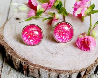 Hot Pink Glitter Stud Earrings: Minimalist Resin Circle Posts