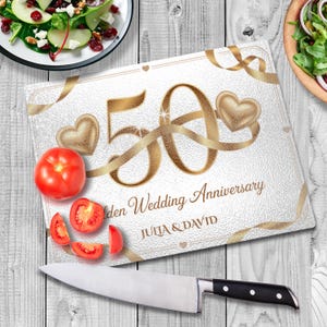 Glass Cutting Board Personalized Golden 50th Wedding Anniversary Gift for Couple Custom Names Kitchen Décor Keepsake Charcuterie Board