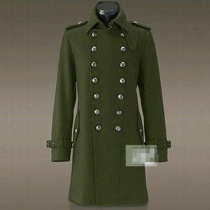 Military Green Wool Overcoat: Double Breasted Long Coat