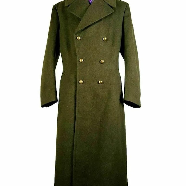 Military Green Wool Overcoat: Double Breasted Long Coat