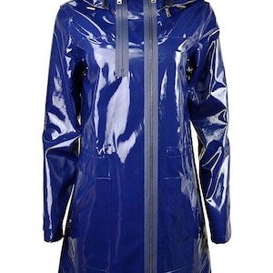Blue PVC Vinyl Womens Shinny Trench Long coat Jacket hoodie Rain Coat Waterproof