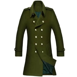 Military Green Wool Overcoat: Double Breasted Long Coat