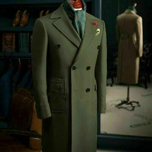 Military Green Wool Overcoat: Double Breasted Long Coat