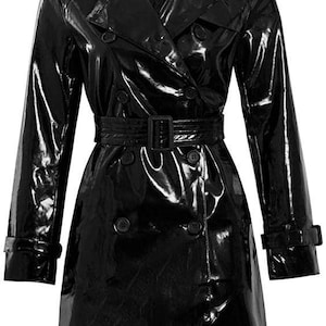 May include: A shiny black trench coat with a double-breasted design, featuring a belted waist and button details. The coat has a classic collar and long sleeves with cuff straps, offering a sleek, polished look. A stylish outerwear piece.
