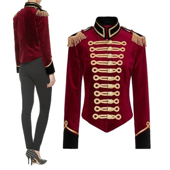 Burgundy Velvet Hussar Jacket: Women's Military Parade Uniform