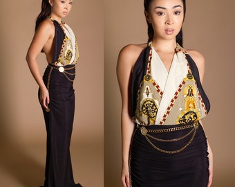 Chain Print Halter Black and White Designer Black Ruched Maxi Dress