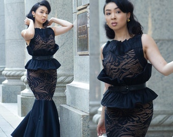 1950s Black Lace Evening Gown Black Tie Formal Sleeveless Dress Black Corset Dress Pin Up Mermaid Dress High Fashion Runway Dress