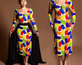 Bamboo Pop Art Midi Dress Bold Kitsch Bodycon Statement Print Pattern Long Sleeve Scoop Neck Colorful Cocktail Dress Spring Eco Fashion