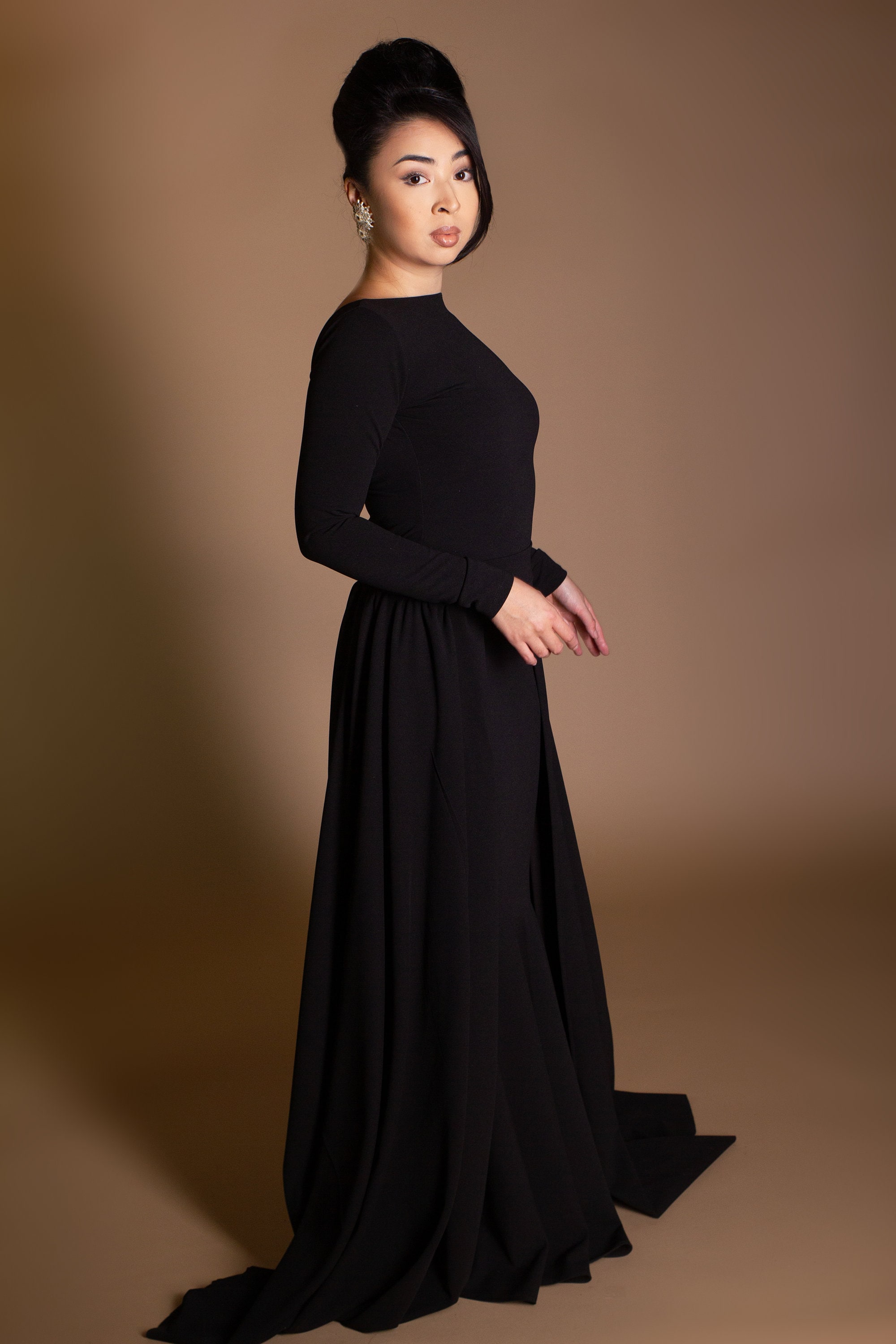 black long sleeve mermaid dress Black Long Sleeves High Neck Prom Dress Mermaid With Crystals