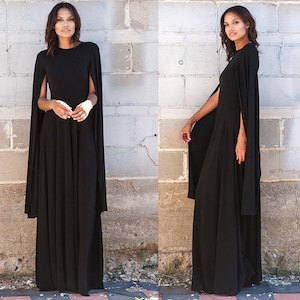 Black Capelet A Line Maxi Dress XS S M L XL 2XL 3XL