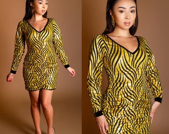 Metallic Gold Mini Dress Black Tiger Stripe Dress Animal Print Dress Ruched Mini Dress Club Dress Bachelorette Party Dress 70s Disco Dress