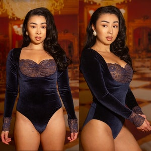 Velvet Navy Blue Bodysuit Lace Sweetheart Neck Bodysuit With Long Sleeves Sexy Bodysuit Scoop Neck Custom Thong Cheeky or Full Coverage Back image 1