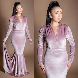 Pink Glitter Velvet Mermaid Dress Sparkly Wedding Dress Bridal Reception Dress Wedding Guest Dress Evening Gown Prom Dress Red Carpet Dress