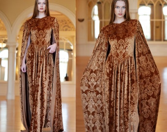 Bronze Embossed Velvet Dress Damask Capelet Dress Dramatic Bridal Dress Bohemian Wedding Dress Boho Bridal Gown Wedding Reception Dress