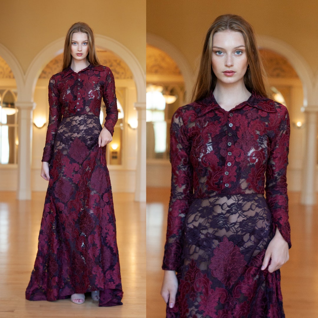 Wine 3D Lace Sparkly Sheer Sleeves V-neck Floor Length Formal Dress