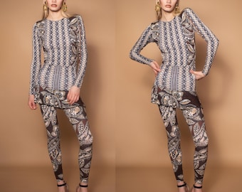 Abstract Paisley Print Catsuit: Tribal One Piece Jumpsuit, Size Small