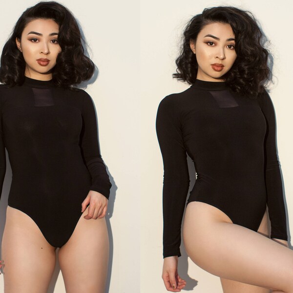 Mesh Panel Long Sleeve Crew Neck Sleek Bodysuit XS S M L XL XXL
