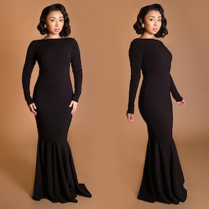 Black Boat Neck Dress Backless Long Sleeve Mermaid Dress Sleek Minimal Chic Dress, Black Evening Gown, Simple Dress, Wedding Guest Dress