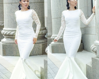 Off White Lace Mermaid Dress Backless Boat Neck Dress, Classic Bridal Gown, Traditional Wedding Dress With Sleeves Reception Dress