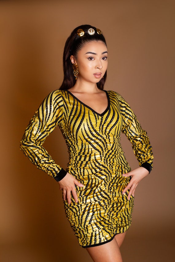 Metallic Gold Mini Dress: Black Tiger Stripe Ruched Party Dress - Etsy Metallic Gold Mini Dress: Black Tiger Stripe Ruched Party Dress - Etsy