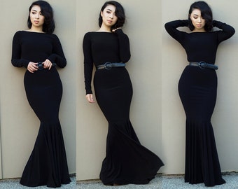 Black Boat Neck Backless Mermaid Dress 