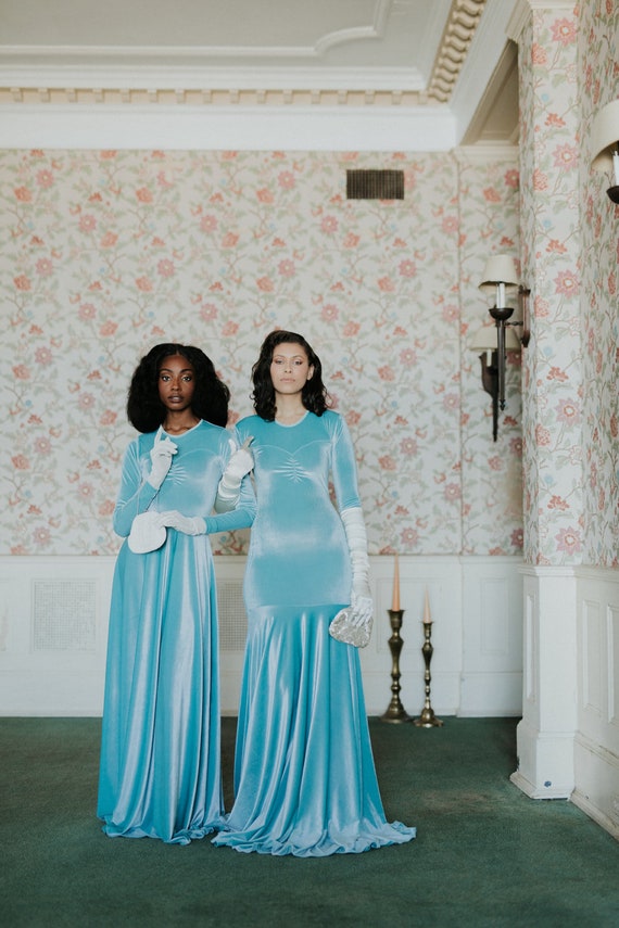 Aqua velvet gown sales