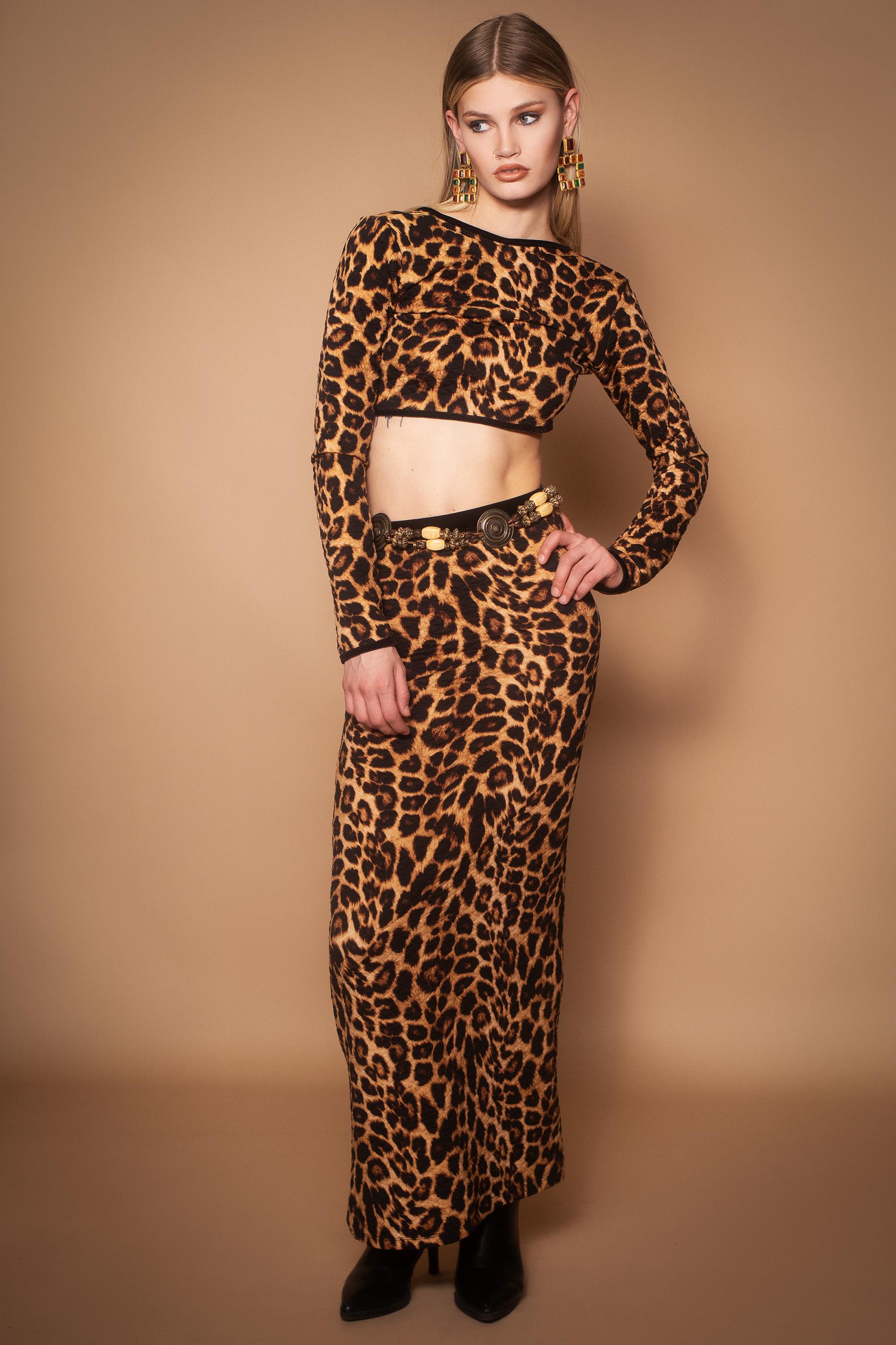 Quilted Leopard Print Crop Top Highwaist Maxi Skirt Piece Set