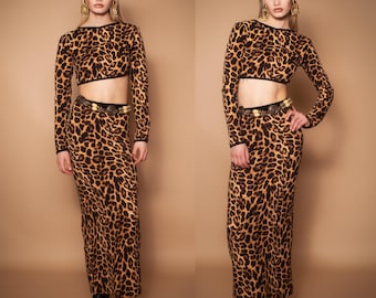 Conjunto de 2 piezas de top corto con estampado de leopardo acolchado y falda larga de cintura alta, falda tubo de manga larga y largo midi, estampado animal de alta costura de vanguardia