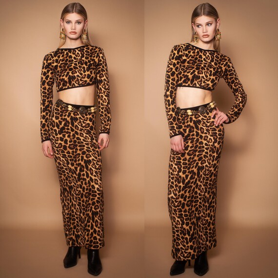 Quilted Leopard Print Crop Top Highwaist Maxi Skirt Piece Set