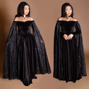 Terciopelo negro Glitter Cape Malla Manga fuera del hombro Vestido de fiesta de noche romántico Vestido de fiesta Recepción nupcial Boda victoriana gótica
