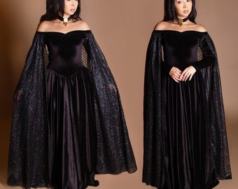 Black Velvet Glitter Cape Mesh Sleeve Off the Shoulder Romantic Evening Ball Gown Prom Dress Bridal Reception Gothic Victorian Wedding