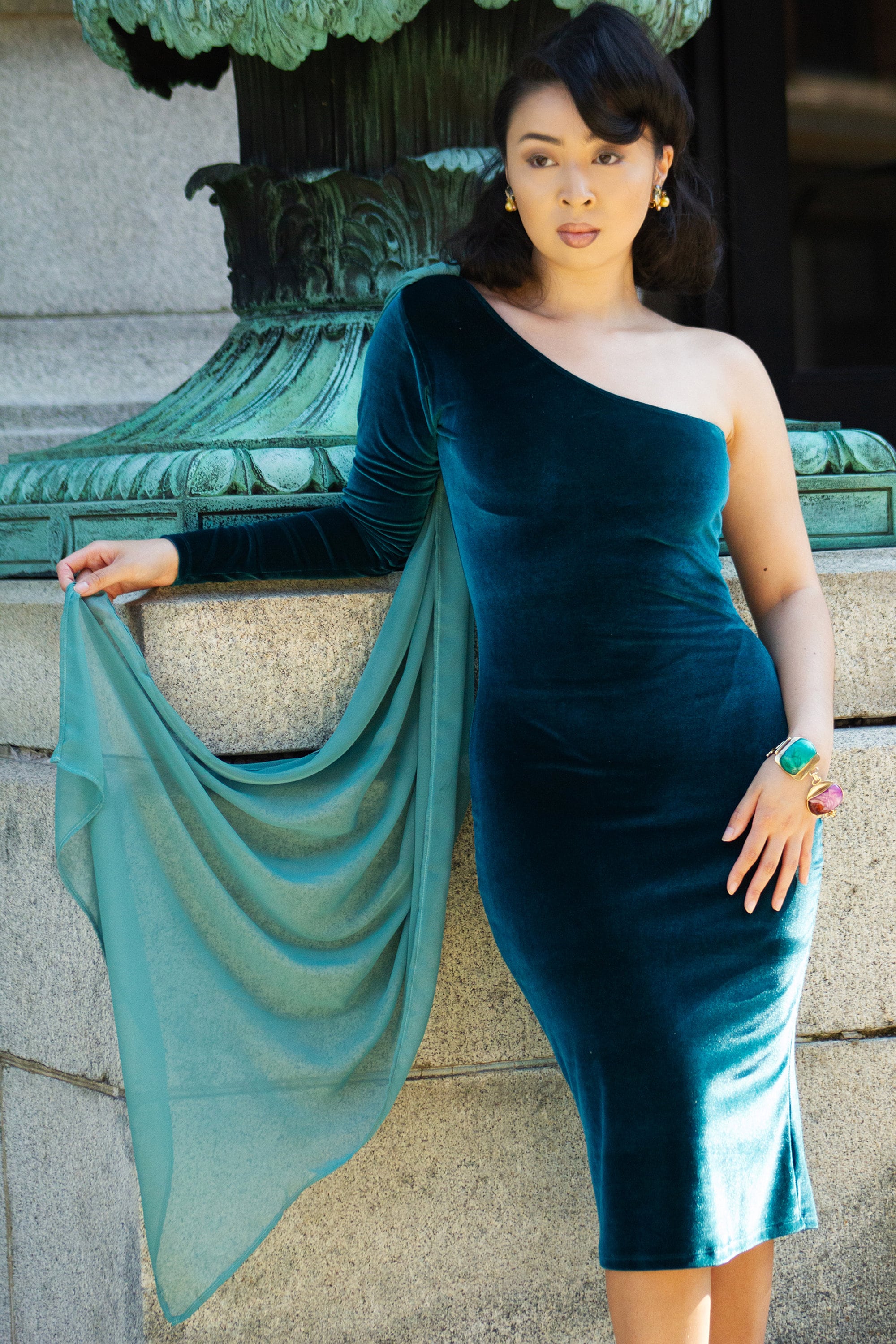 teal velvet bridesmaid dress Teal Velvet One Sleeve Bridesmaid Dress: Infinity Chiffon Gown