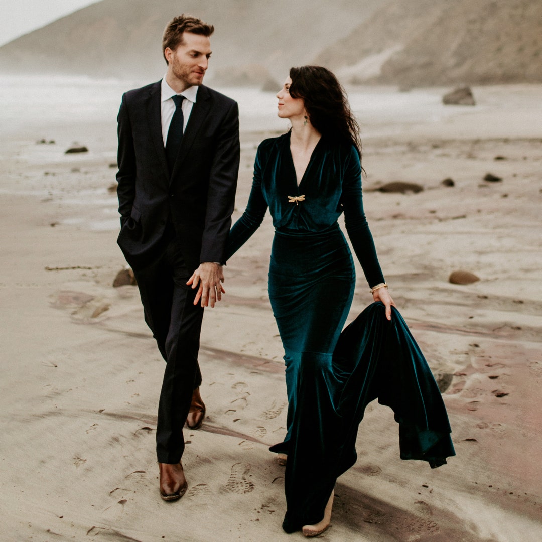 Teal Velvet Mermaid Gown: Long Sleeve Jewel Tone Wedding Dress