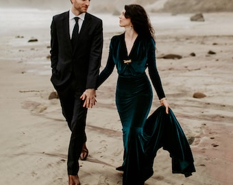 Veronica Deep Teal Green Velvet Long Sleeve Mermaid Jewel Tone Wedding Dress Elopement Reception Gown Dress Formal Prom Bridal Bridesmaids