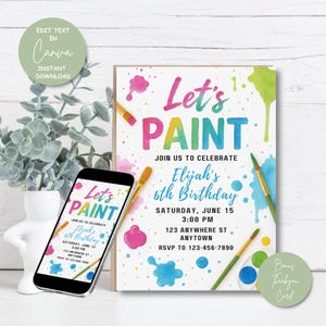 Bewerkbare verf-verjaardagsuitnodiging voor feest, kinderkunstthema nodigt afdrukbare sjabloon uit voor kinderen, bonusbedankkaart, direct downloaden