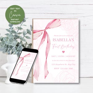 Editable Pink Bow 1st Birthday Invitation, Girl First Bday Printable Template, Pink Coquette Bow Canva Invite, Instant Download