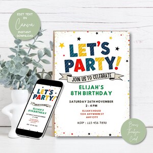 Bewerkbare uitnodiging voor verjaardagsfeestje voor kinderen, kleurrijke canvassjabloon, kind verjaardagsuitnodiging afdrukbare, bonus bedankkaart, direct downloaden