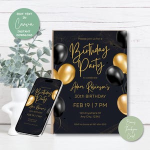 Bewerkbare zwart-gouden verjaardagsuitnodiging, stijlvolle ballonnen tekst uitnodigingssjabloon, sjabloon 30e partij voor hem, Instant Download