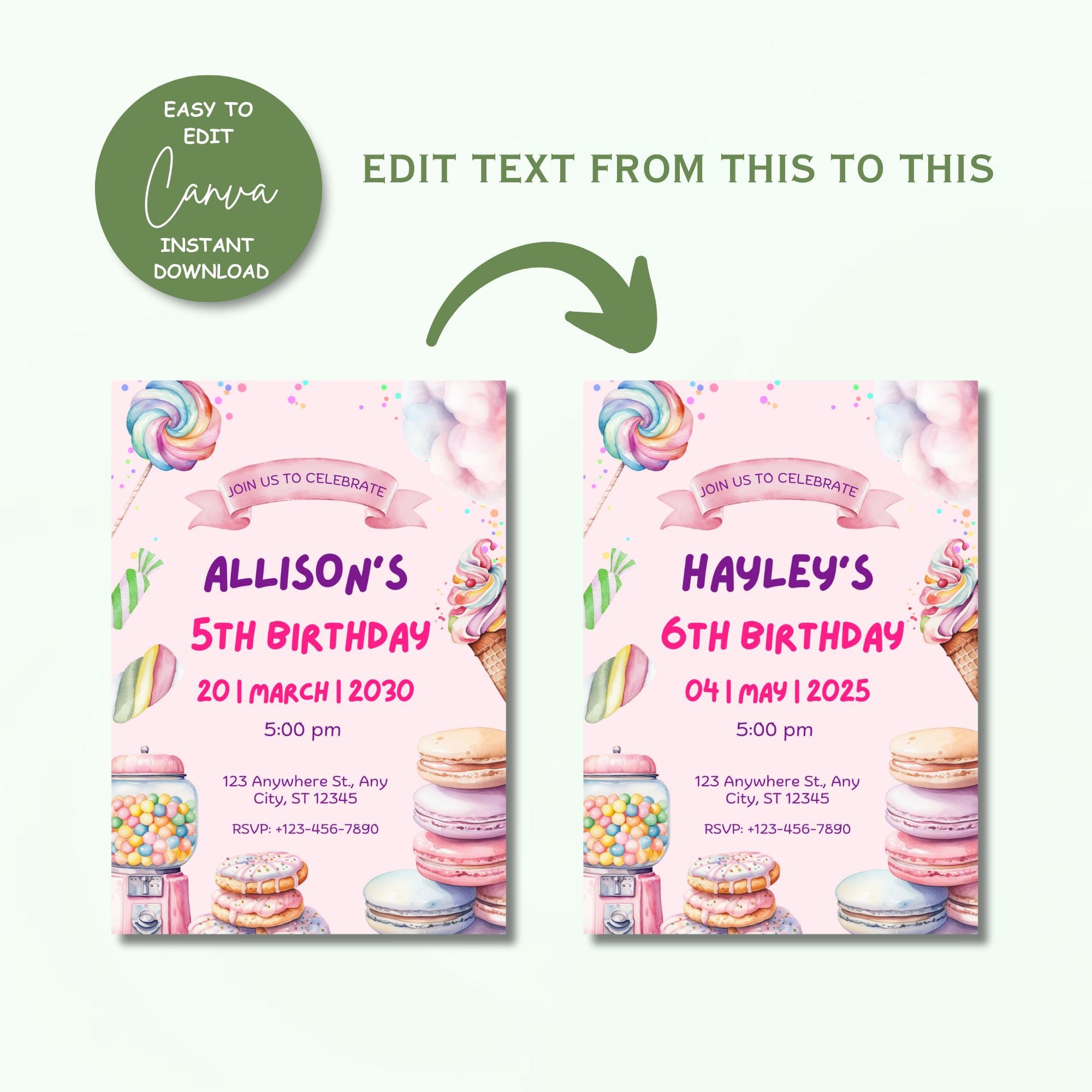 Editable Sweets Birthday Invitation, Candy Party Invite, Icecream ...