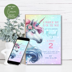 Bewerkbare verjaardagsuitnodiging eenhoorn, pastel magische uitnodiging, digitale regenboogkaart, afdrukbare partycanva-sjabloon, instant download