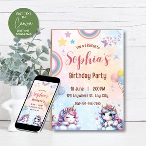 Bewerkbare schattige eenhoorn verjaardagsuitnodiging, schattige magische uitnodiging, Digital Fantasy Card, afdrukbare partijcanva-sjabloon, Instant Download