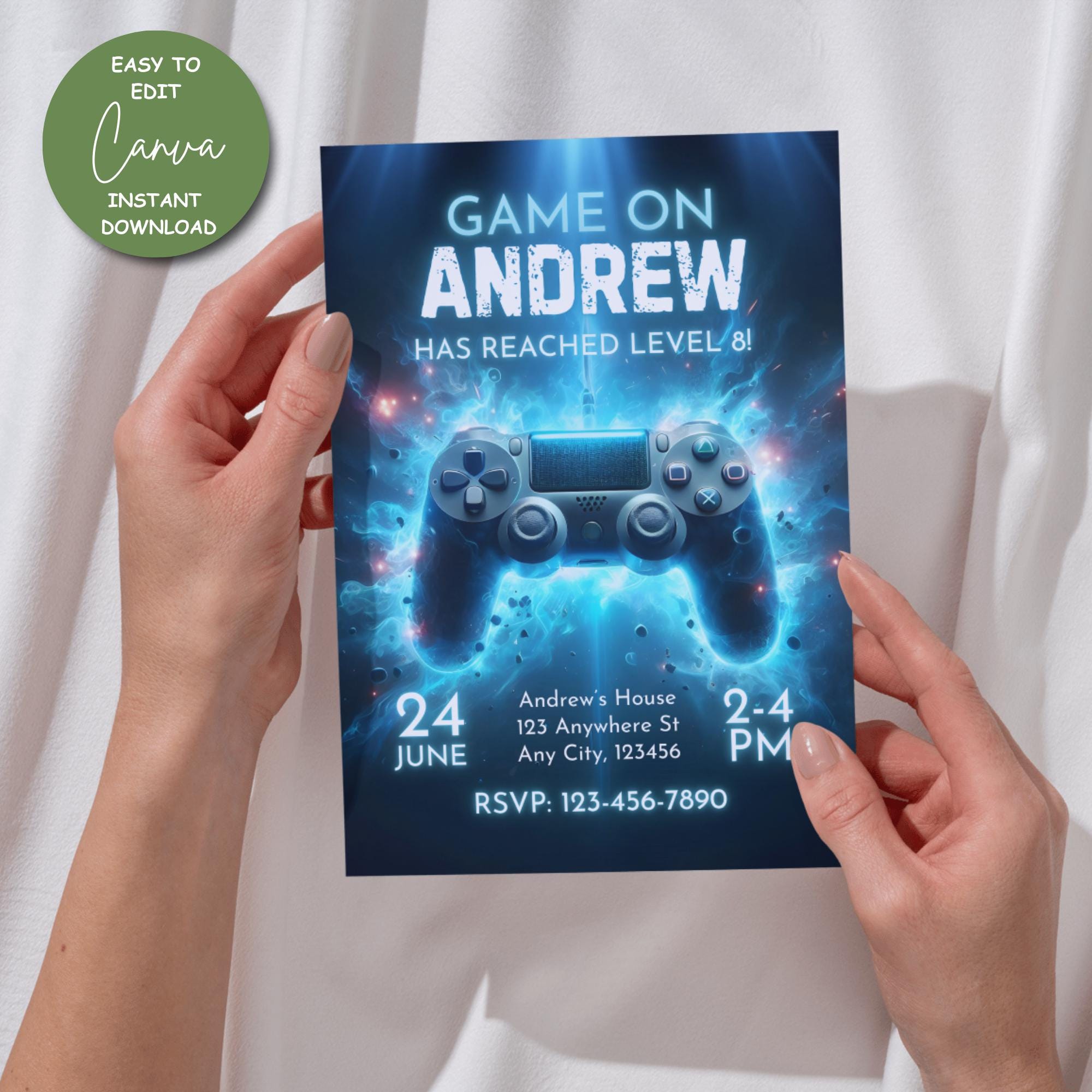 Controller Invites Editable Video Game Birthday Invitation, Level up Invite, Blue Neon ...