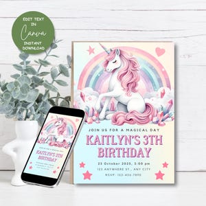 Bewerkbare roze eenhoorn verjaardagsuitnodiging, pastel magische uitnodiging, digitale regenboogkaart, afdrukbare partycanva-sjabloon, instant download