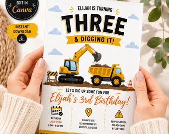 Editable Construction Birthday Invitation, Truck Invite Canva Template, Excavator Printable, Bonus Thank You Card, Instant Download
