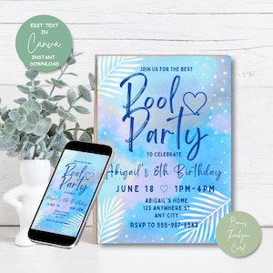 Bewerkbare uitnodiging voor zwembadfeest, zwem verjaardagsuitnodiging afdrukbare sjabloon, zomer aquarel ontwerp, bonus bedankkaart, direct downloaden