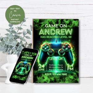 May include: Green and black digital invitation with a glowing green video game controller. The text reads "Game On Andrew Has Reached Level 10!" with the date and time of the event.